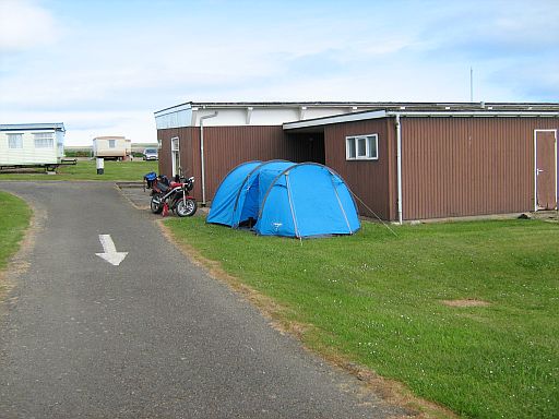 The campsite at Thurso, showing the hall, my tent and my bike.